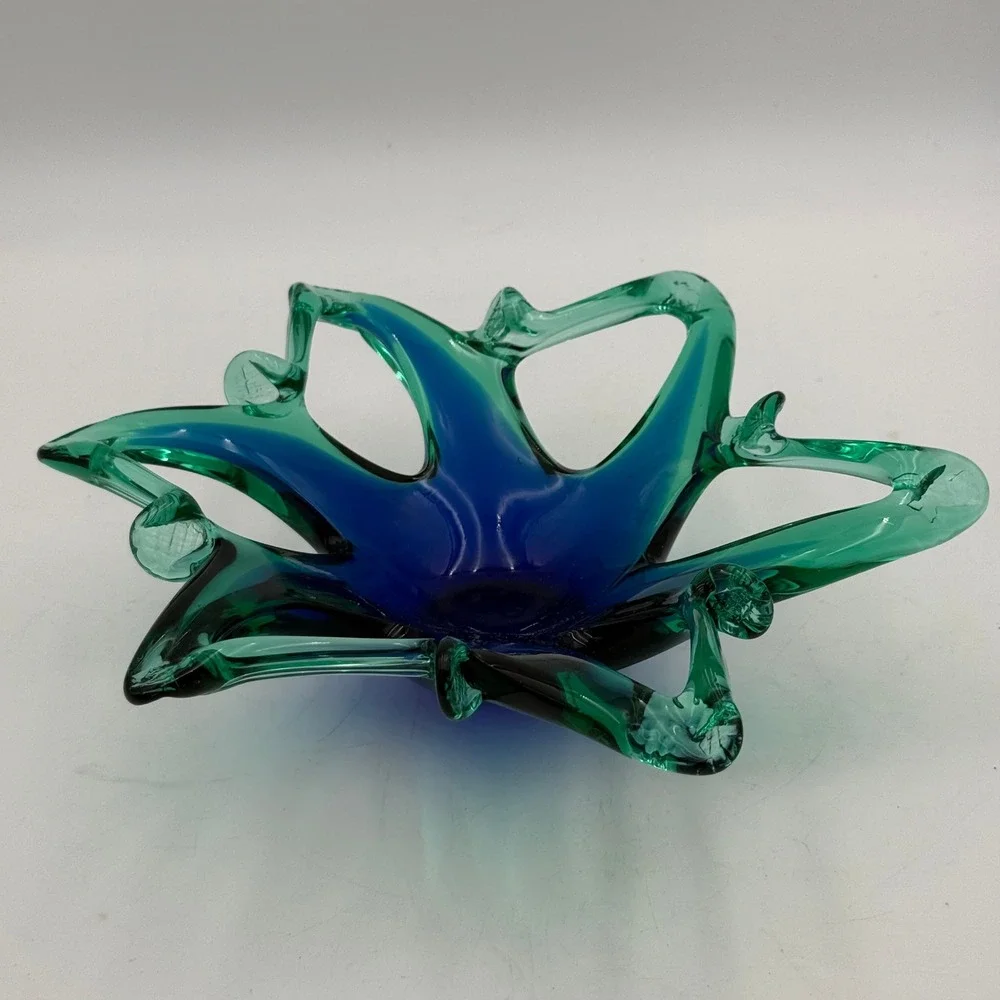 Vintage Art Glass Starburst Bowl Blue Green Hand Blown Centerpiece 9 Inch